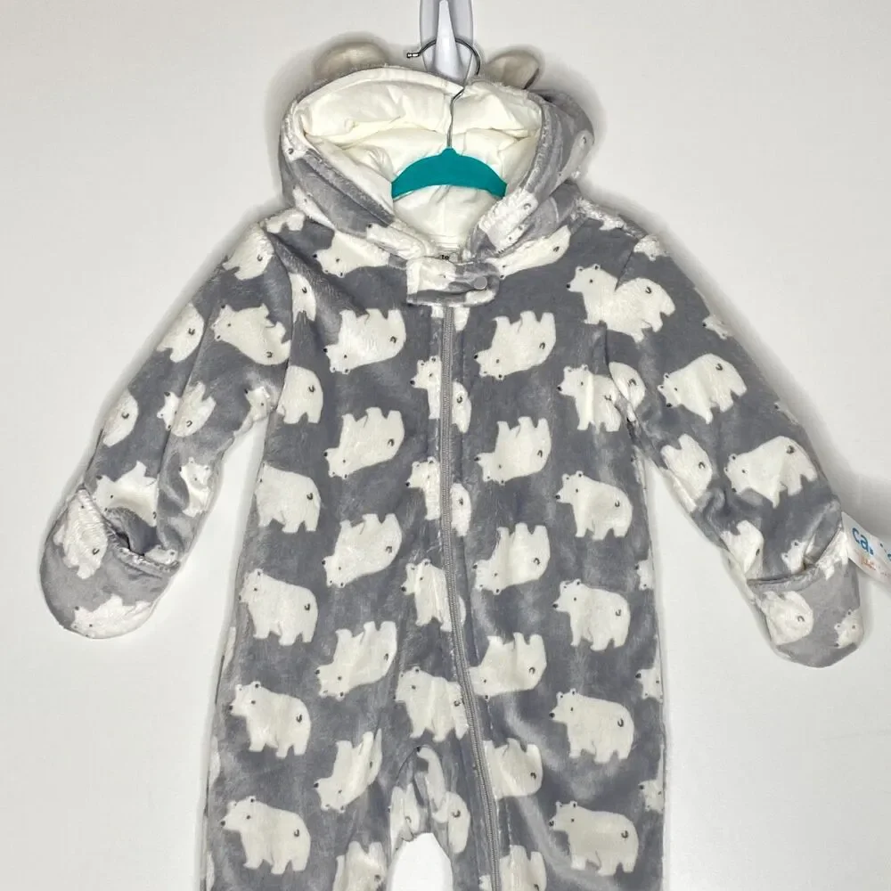 New Carter's Polar Bear Hooded Gray Winter One Piece Suit Baby Size 9 Months